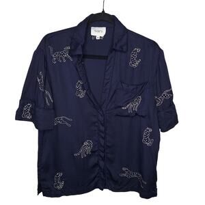 Sani Leopard Lounge Pajama Top Midnight Jubilee Navy Sz XS Embroidered
